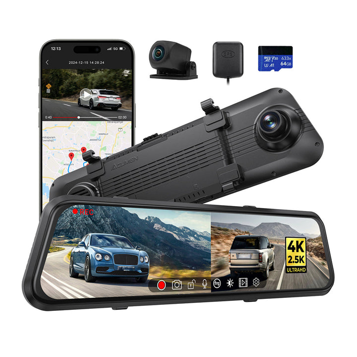 Acumen Camera M4 2ch Mirror Dash Cam with 4K Front and 2.5K Rear Cameras, 12"IPS Touchscreen