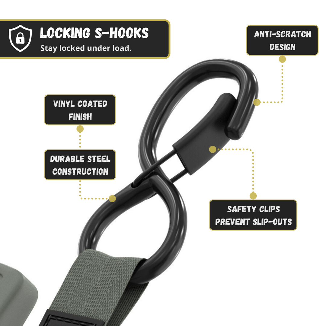 Retractable Ratchet Straps - 1" x 15 ft (1,760 lbs Break Strength) | Auto Self Retracting Cargo Tie Down Strap Set