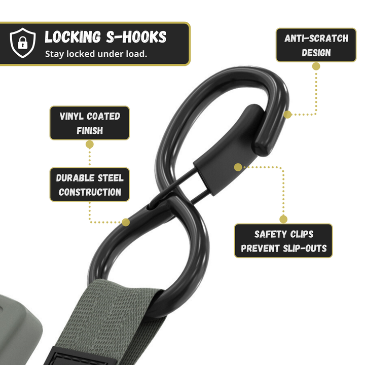 Retractable Ratchet Straps - 1" x 15 ft (1,760 lbs Break Strength) | Auto Self Retracting Cargo Tie Down Strap Set