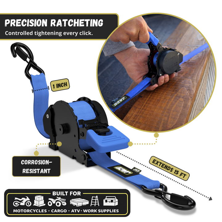 Retractable Ratchet Straps - 1" x 15 ft (1,760 lbs Break Strength) | Auto Self Retracting Cargo Tie Down Strap Set