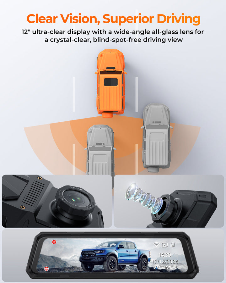 Acumen Camera The Legend 3ch Waterproof Rear View Mirror Dash Cam with 1080P 60fps Front+ Rear+ Bumper/Cabin Cameras