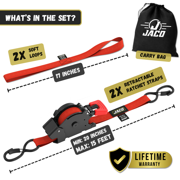 Retractable Ratchet Straps - 1" x 15 ft (1,760 lbs Break Strength) | Auto Self Retracting Cargo Tie Down Strap Set