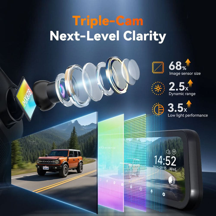 Wolfbox G900TriPro Bumper Version 3 Channel Rearview Mirror