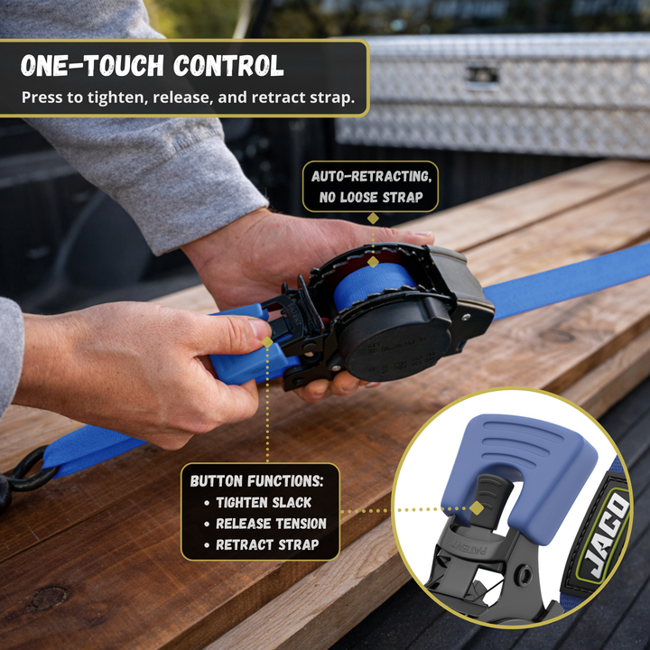 Retractable Ratchet Straps - 1" x 15 ft (1,760 lbs Break Strength) | Auto Self Retracting Cargo Tie Down Strap Set
