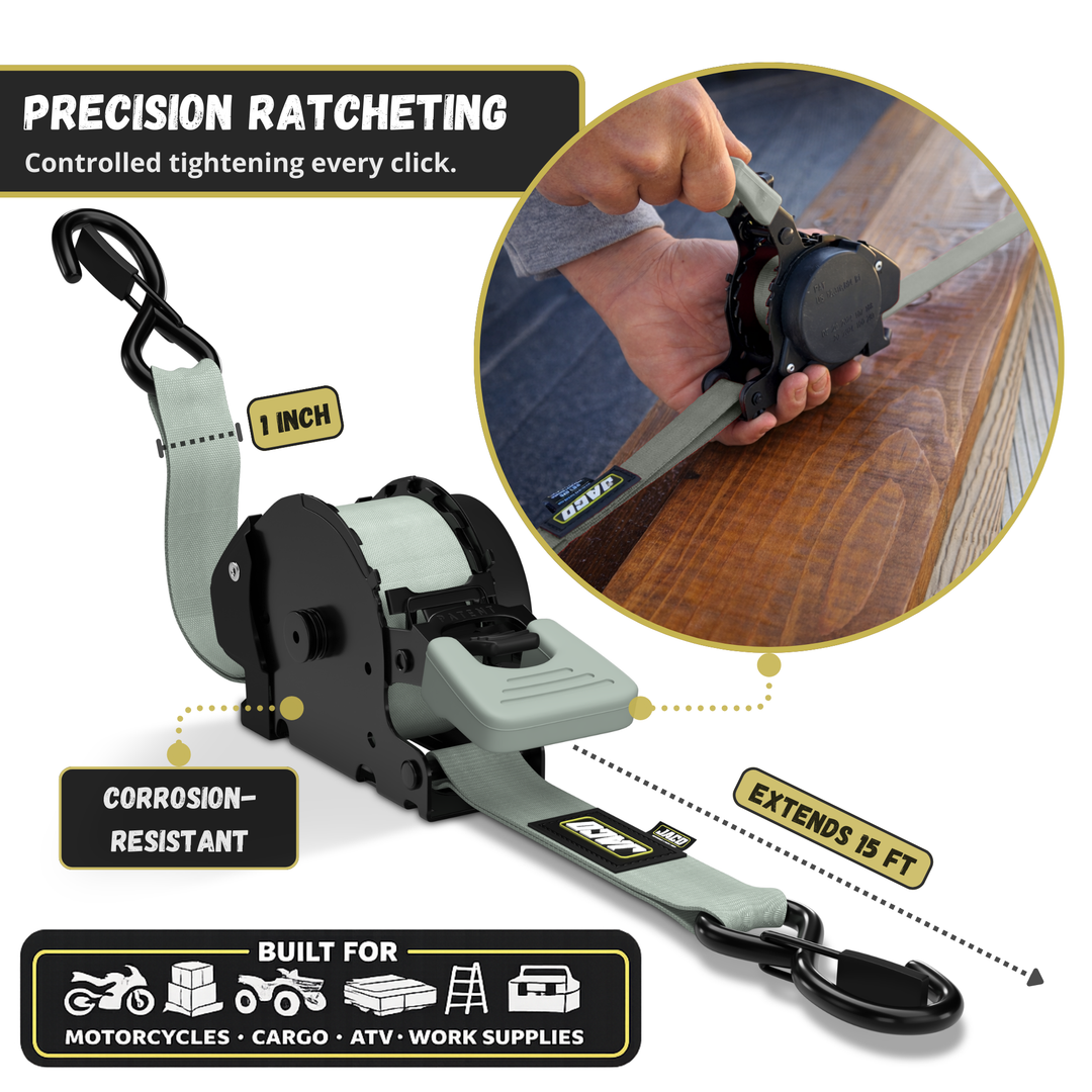 Retractable Ratchet Straps - 1" x 15 ft (1,760 lbs Break Strength) | Auto Self Retracting Cargo Tie Down Strap Set