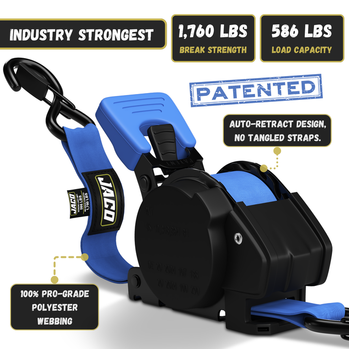 Retractable Ratchet Straps - 1" x 15 ft (1,760 lbs Break Strength) | Auto Self Retracting Cargo Tie Down Strap Set