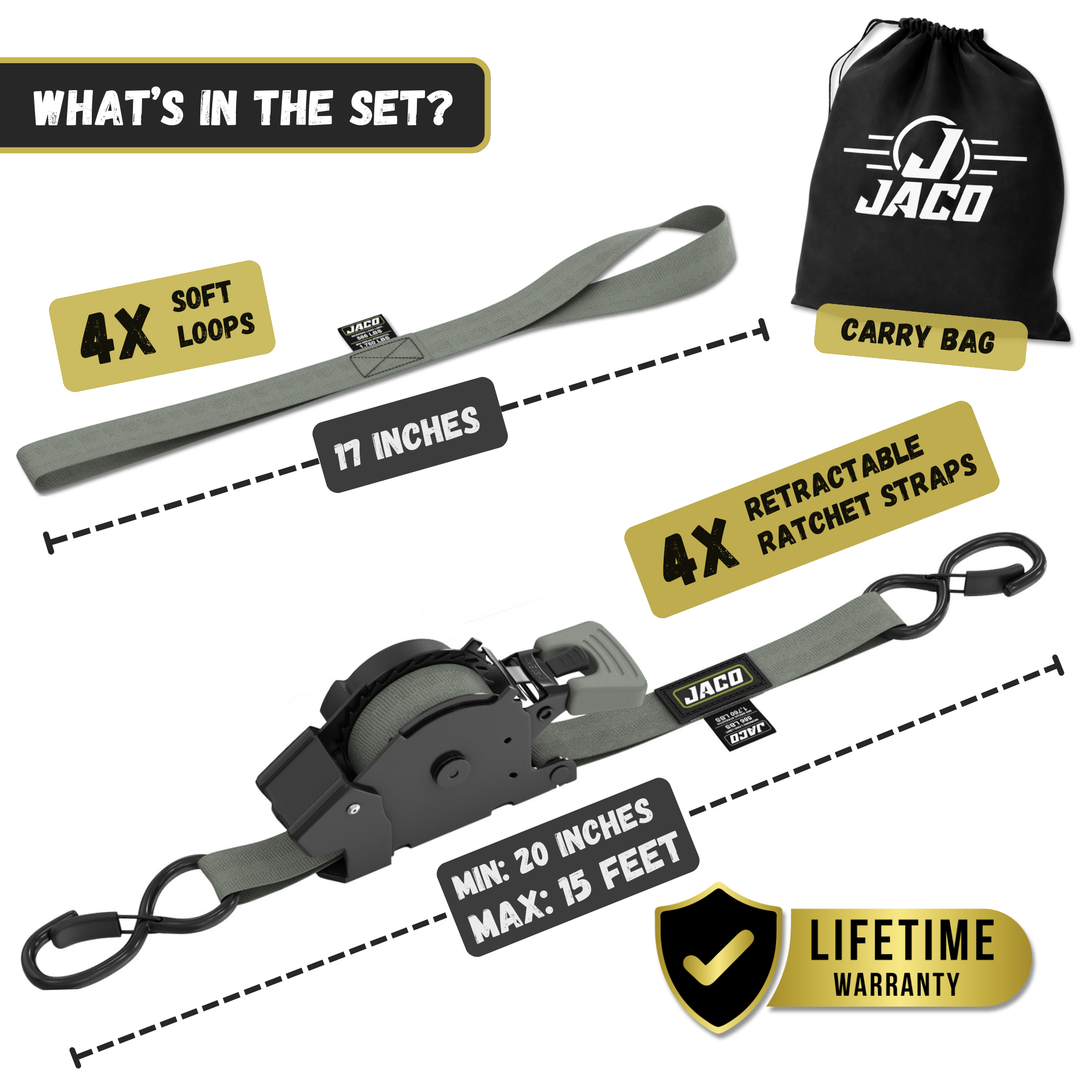 Retractable Ratchet Straps - 1" x 15 ft (1,760 lbs Break Strength) | Auto Self Retracting Cargo Tie Down Strap Set