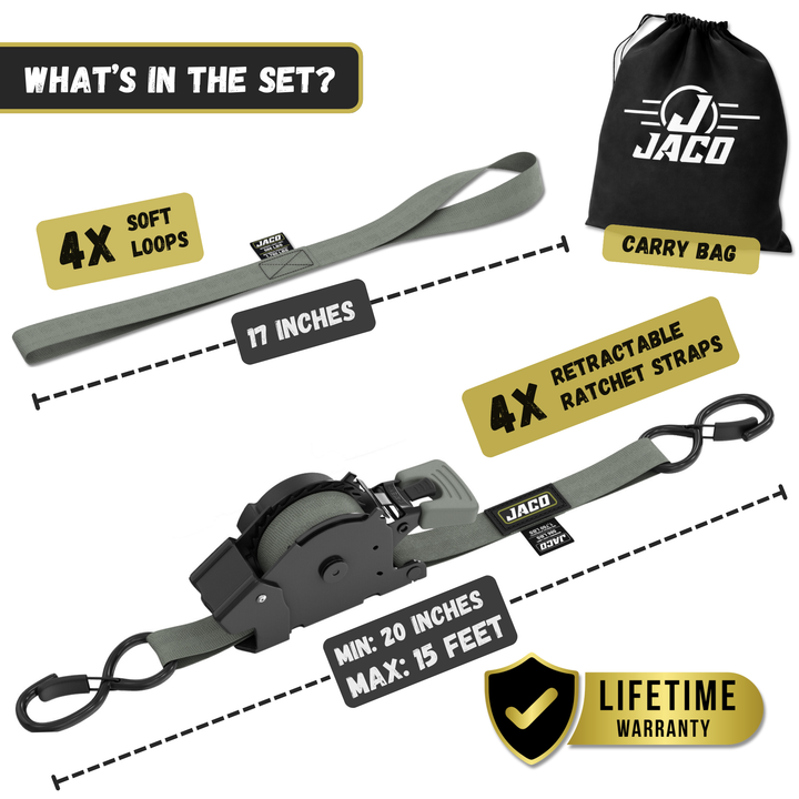Retractable Ratchet Straps - 1" x 15 ft (1,760 lbs Break Strength) | Auto Self Retracting Cargo Tie Down Strap Set