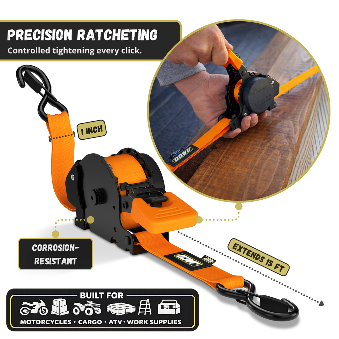 Retractable Ratchet Straps - 1" x 15 ft (1,760 lbs Break Strength) | Auto Self Retracting Cargo Tie Down Strap Set