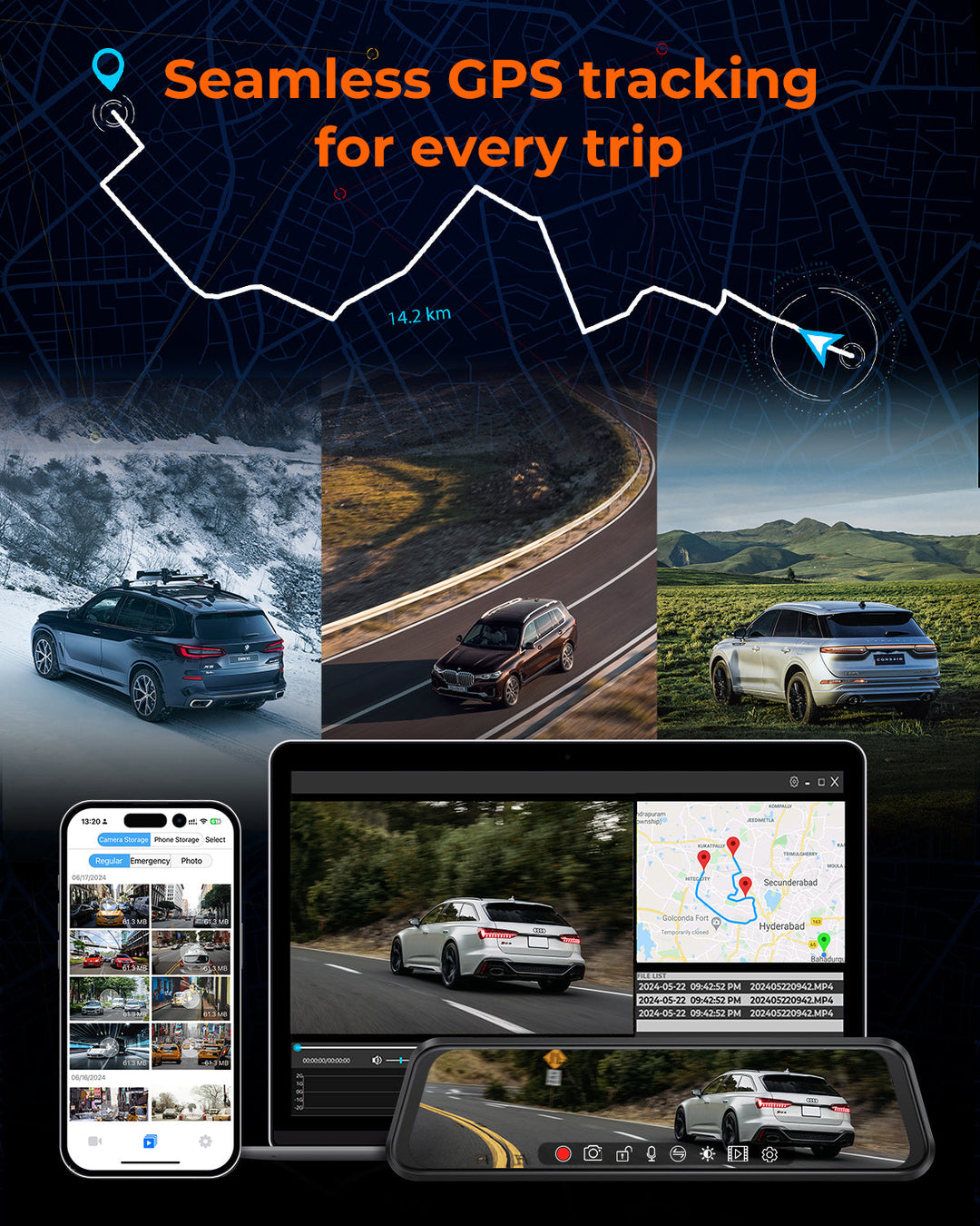 Acumen Camera M4 3ch Mirror Dash Cam with 1080P 60fps Front+Rear+Bumper/Cabin Cameras, 12"IPS Touchscreen