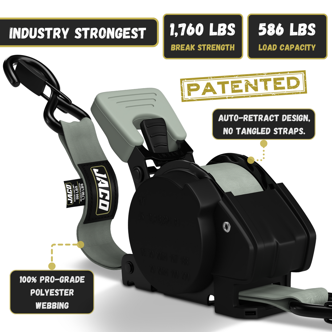 Retractable Ratchet Straps - 1" x 15 ft (1,760 lbs Break Strength) | Auto Self Retracting Cargo Tie Down Strap Set