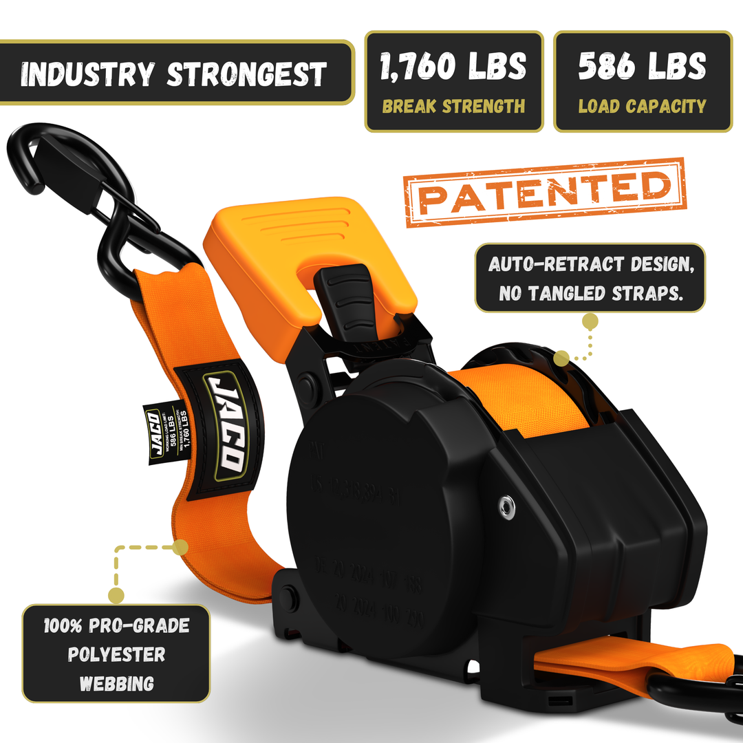 Retractable Ratchet Straps - 1" x 15 ft (1,760 lbs Break Strength) | Auto Self Retracting Cargo Tie Down Strap Set