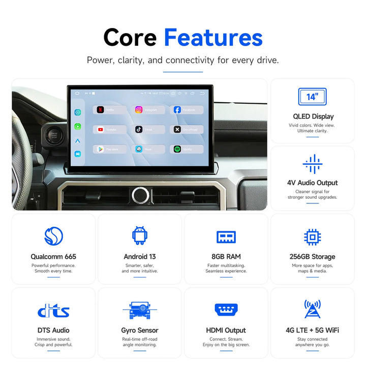 Dasaita For 2024 2025 2026 Toyota Tacoma & 4Runner Head Unit Upgrade |14'' 2K QLED, Android 13, Wireless CarPlay & Android Auto, Plug & Play