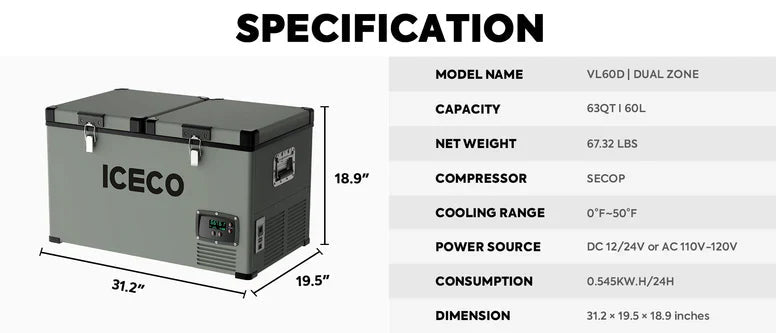 ICE CO VL60 Dual Zone Metal Freezer with Cover 60LT