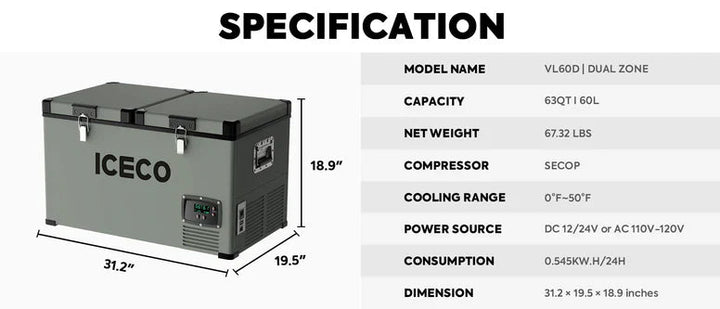 ICE CO VL60 Dual Zone Metal Freezer with Cover 60LT