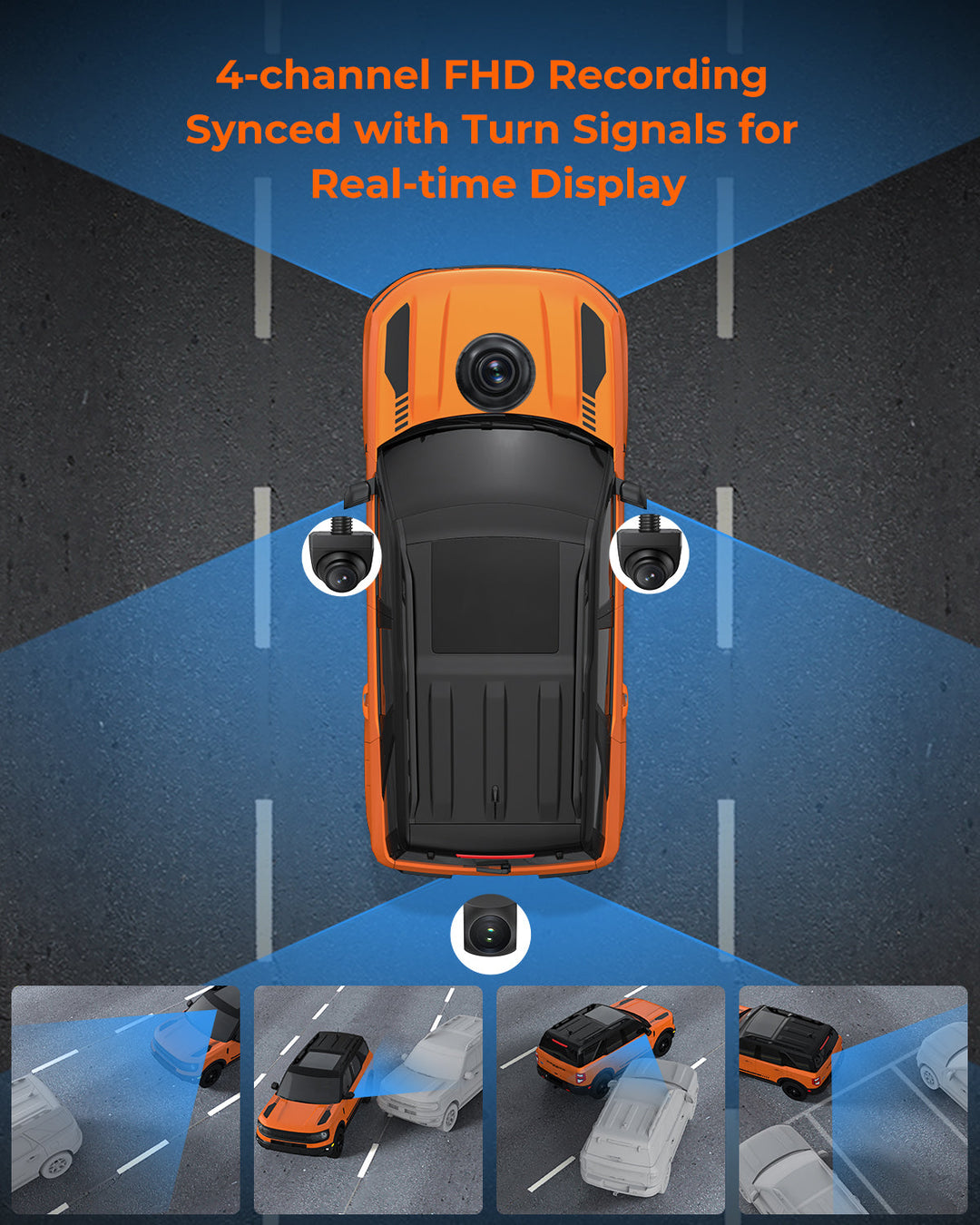 Acumen Camera The Legend 4ch Waterproof Rear View Mirror Dash Cam with 1080P Front+ Rear+ Left/Right Side Cameras