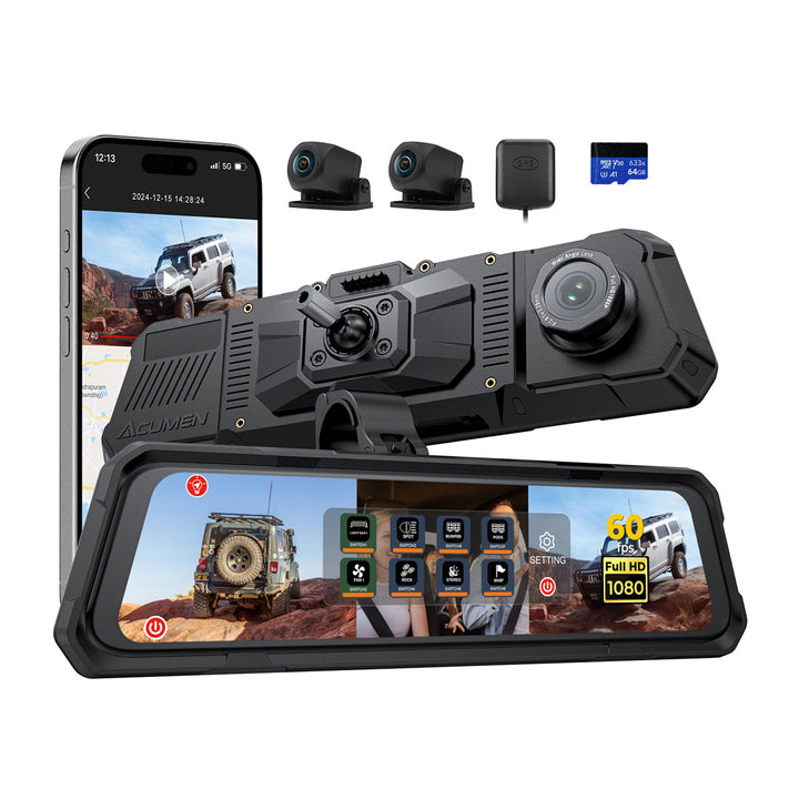 Acumen Camera The Legend 3ch Waterproof Rear View Mirror Dash Cam with 1080P 60fps Front+ Rear+ Bumper/Cabin Cameras