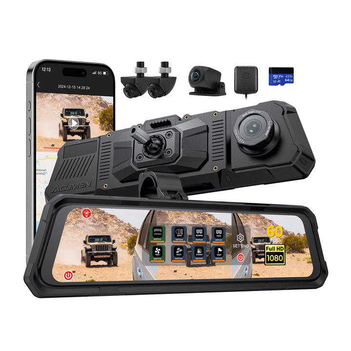 Acumen Camera The Legend 4ch Waterproof Rear View Mirror Dash Cam with 1080P Front+ Rear+ Left/Right Side Cameras