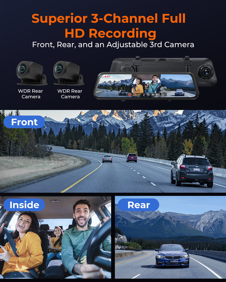 Acumen Camera M4 3ch Mirror Dash Cam with 1080P 60fps Front+Rear+Bumper/Cabin Cameras, 12"IPS Touchscreen