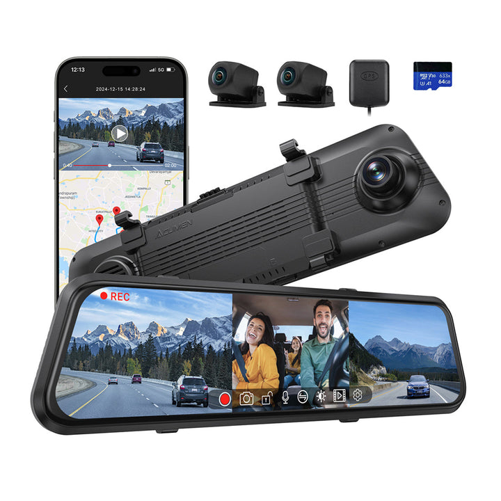 Acumen Camera M4 3ch Mirror Dash Cam with 1080P 60fps Front+Rear+Bumper/Cabin Cameras, 12"IPS Touchscreen