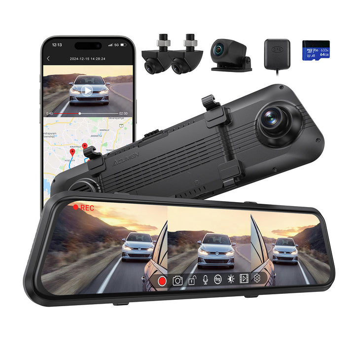 Acumen Camera M4 Quad Mirror Dash Cam with 1080P Front+Rear+Left/Right Side Cameras, 12"IPS Touchscreen
