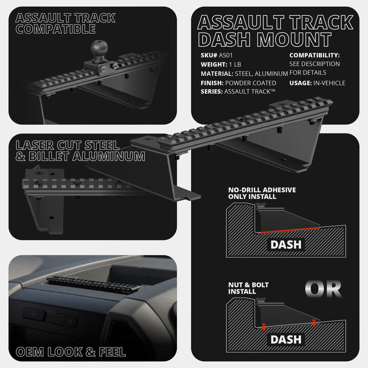 TRAXX™ - Assault Track Picatinny Dash Bracket With 20LITE Phone & Tablet Mounts | ‘15-‘20 Ford F-150, ‘17-‘22 Super Duty, ‘18-‘21 Expedition (See Compatibility Info For Year/Trim Details)