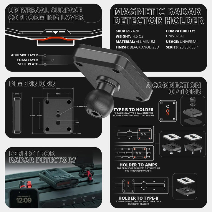 TRAXX™ - Slim Track Dash Bracket With 20LITE Phone Mount and Magnetic Radar Detector Holder | Telescoping Arm | 2024-2026 Ford F-150 (See Compatibility Info For Specific Year/Trim Fitment Details)