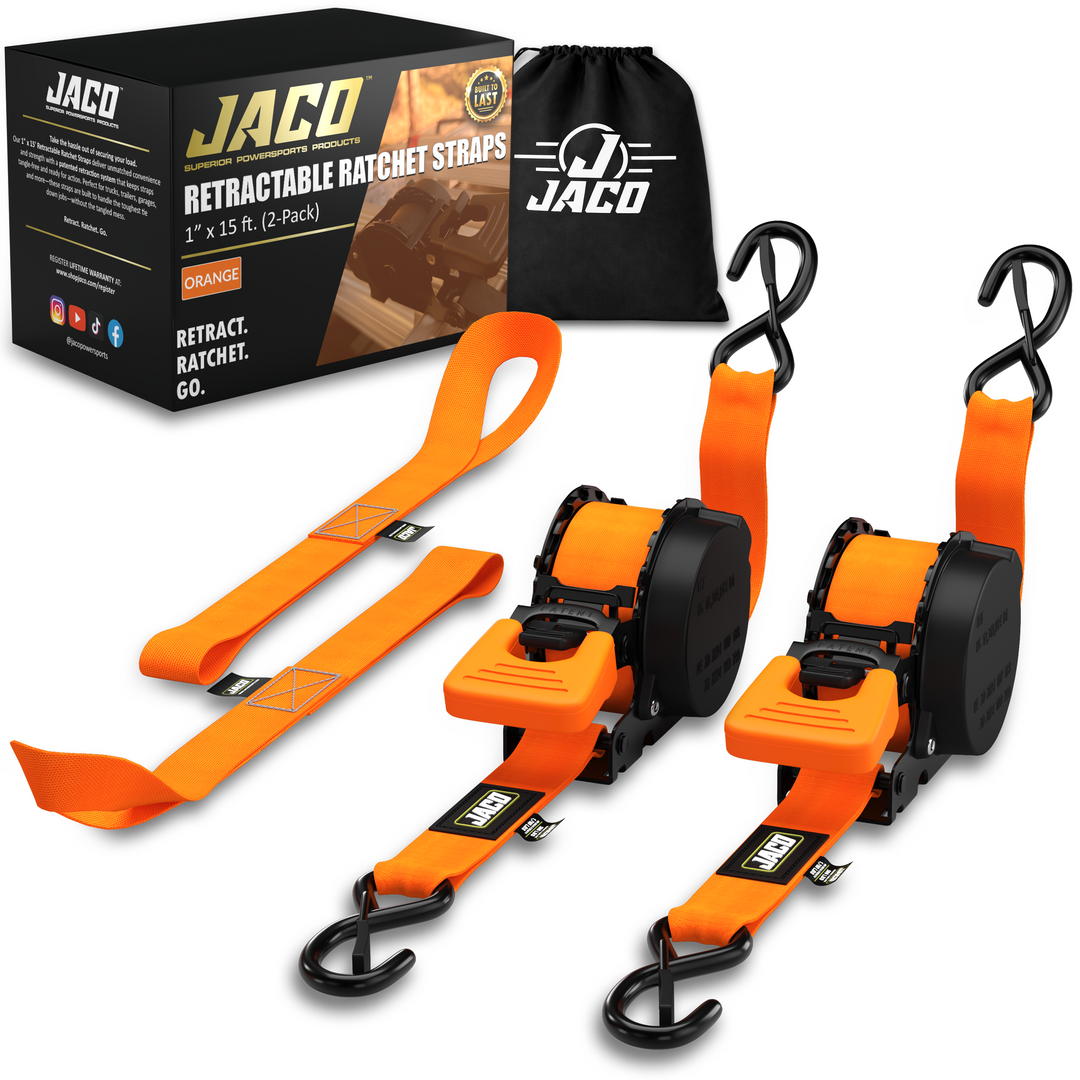 Retractable Ratchet Straps - 1" x 15 ft (1,760 lbs Break Strength) | Auto Self Retracting Cargo Tie Down Strap Set