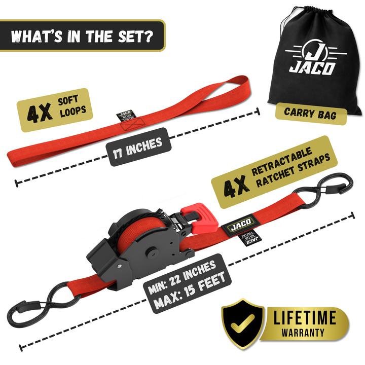 Retractable Ratchet Straps - 1" x 15 ft (1,760 lbs Break Strength) | Auto Self Retracting Cargo Tie Down Strap Set