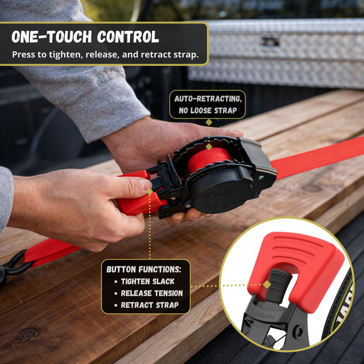 Retractable Ratchet Straps - 1" x 15 ft (1,760 lbs Break Strength) | Auto Self Retracting Cargo Tie Down Strap Set