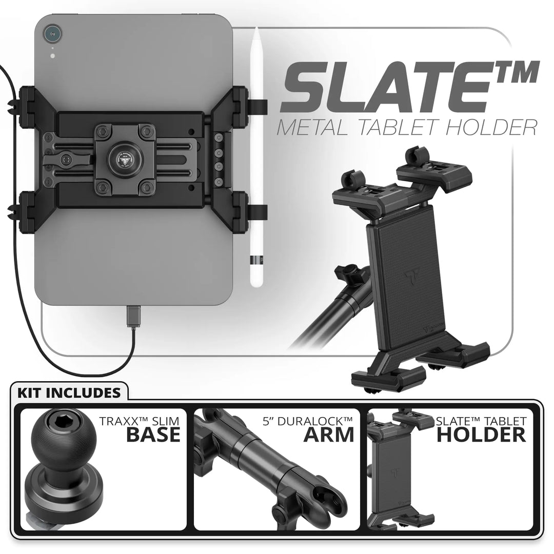 Tackform Metal Tablet Holder | Slim Track Base | 5" DuraLock Arm