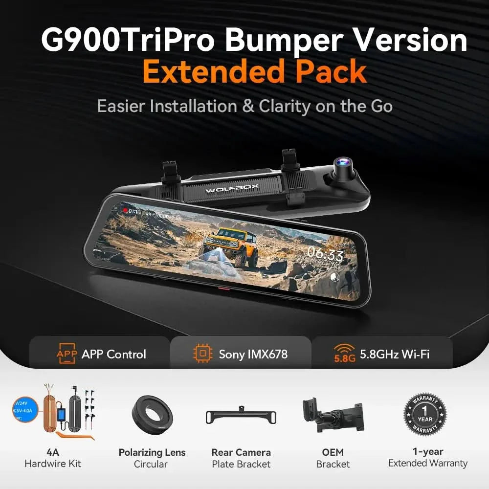 Wolfbox G900TriPro Bumper Version 3 Channel Rearview Mirror