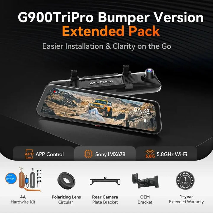 Wolfbox G900TriPro Bumper Version 3 Channel Rearview Mirror