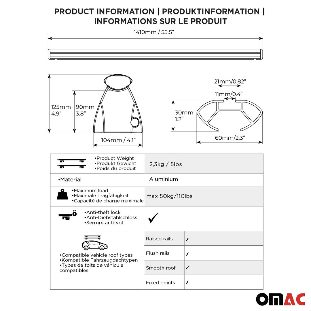 2016-2023 Toyota Tacoma Roof Rack Cross Bars Black