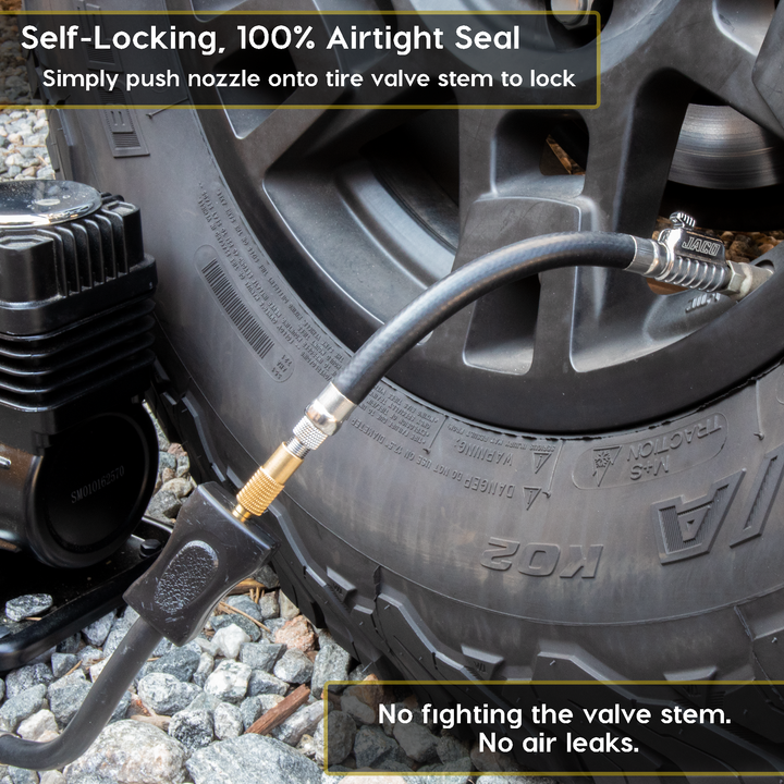 Lightning™ S2X Quick-Connect Locking Tire Inflator Air Chuck Extension | Patented Lock-on Compressor Hose Attachment (Open Flow)