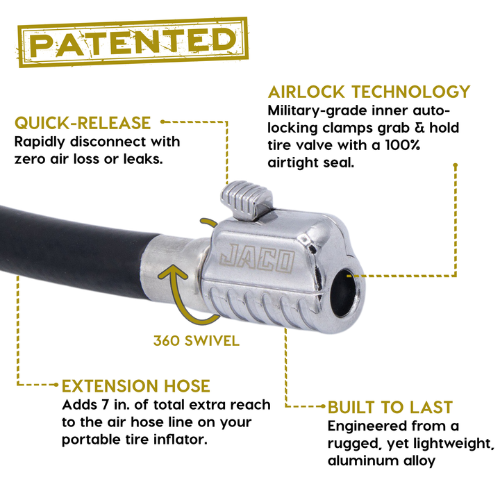 Lightning™ S2X Quick-Connect Locking Tire Inflator Air Chuck Extension | Patented Lock-on Compressor Hose Attachment (Open Flow)