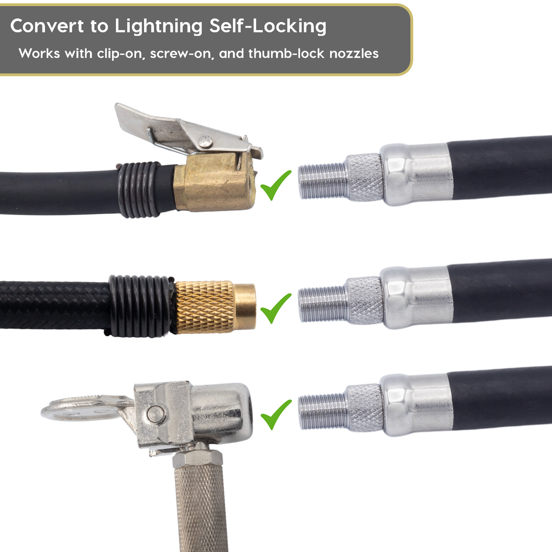 Lightning™ S2X Quick-Connect Locking Tire Inflator Air Chuck Extension | Patented Lock-on Compressor Hose Attachment (Open Flow)